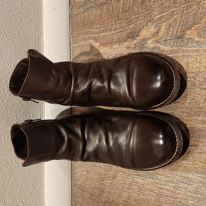 Avellini Portugal Ruched Brown Leather Boots Sz 40/9 Lugged Heel Side Buckle